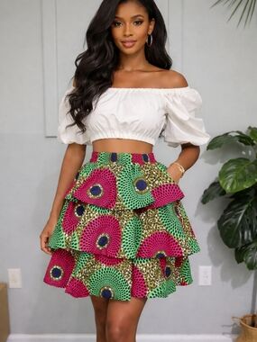 NWT Hongyu Amy African Print Tiered Skirt | Ankara Wax Fabric | Colorful |Size S